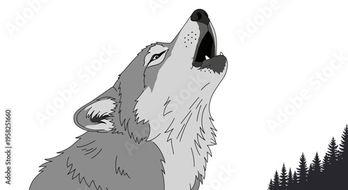 Wolf howling at the moon, wild animal, nature, forest background, monochrome