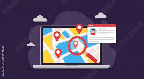 A graphic illustration of a laptop displaying a map with location markers and a search bar on the screen.
