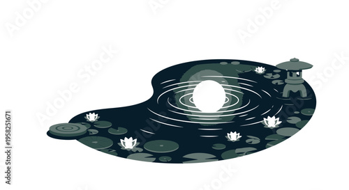 Zen Garden Pond with Water Lilies and Stone Lantern, Tranquil Water Ripples