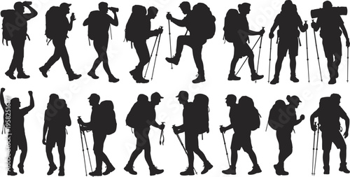 Hiking adventure silhouettes, trekking, exploring, outdoor backpackers illustration, flat vector