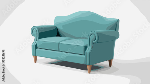 A stylish turquoise blue two-seater loveseat sofa featuring classic elegant rolled arms and sleek wooden legs isolated on a plain white studio background for modern furniture catalogs or interior desi