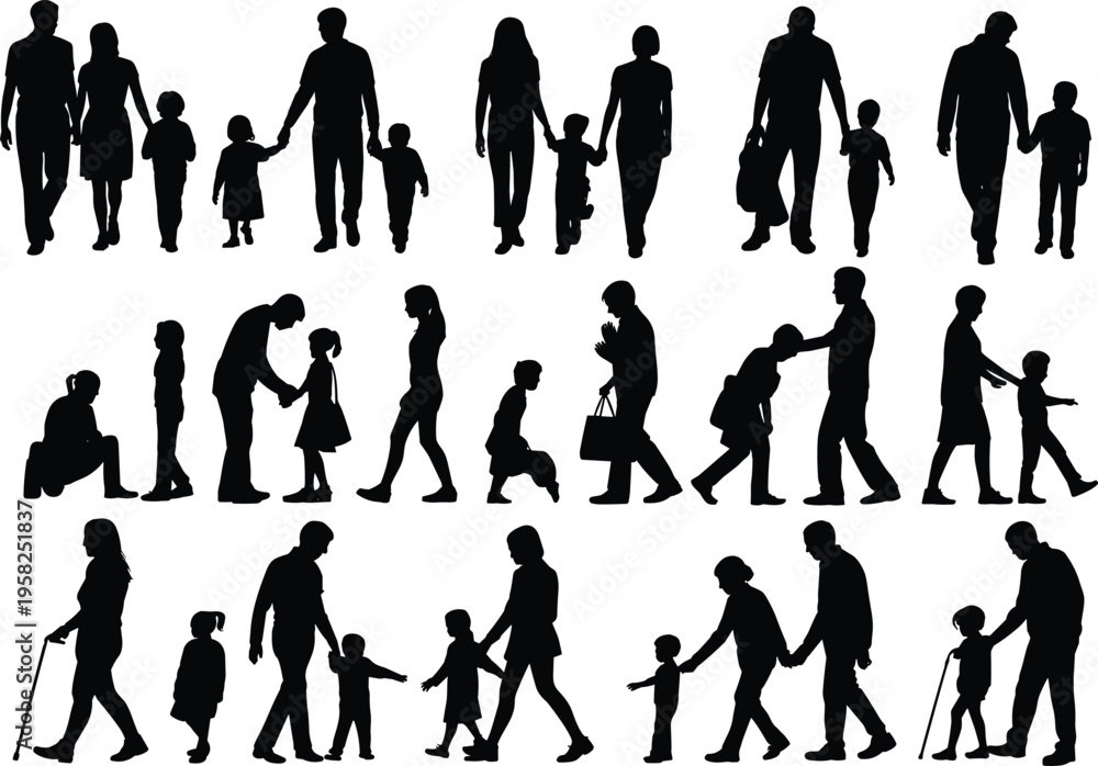 Fototapeta premium Family generations walking, playing, guiding, comforting, bonding silhouette illustration, flat vector
