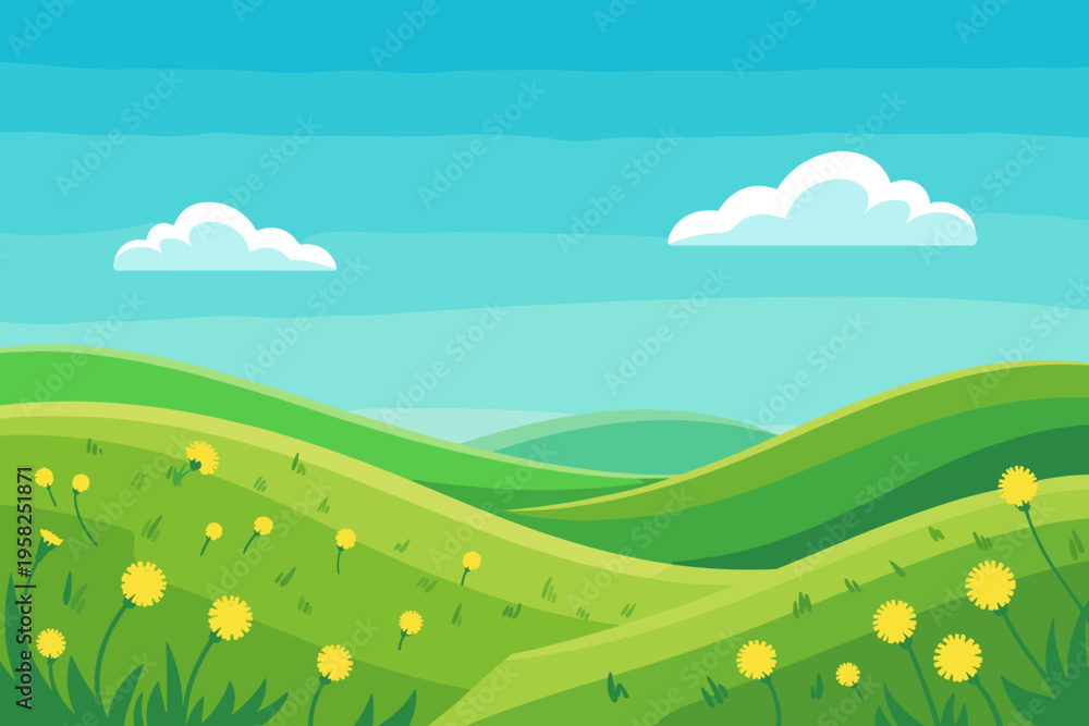 Obraz premium Vibrant cartoon landscape showing rolling green grassy hills with bright dandelion flowers under a sunny blue sky with fluffy white clouds, a peaceful nature meadow background for travel and spring de