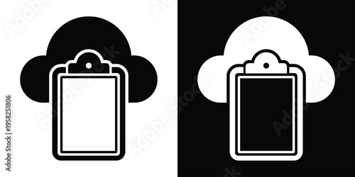 Minimalist cloud icon combined with a clipboard symbol. Ideal for representing online task management, digital checklists, cloud data reporting, and organized web-based documentation.