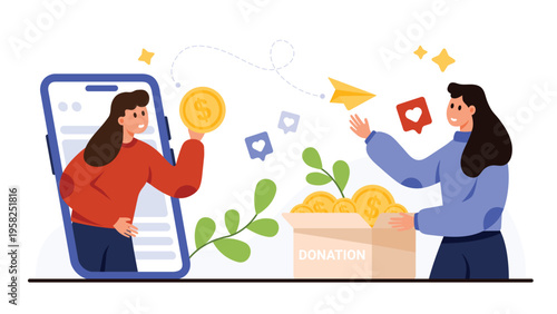 Online charity donation concept showing people sending money through mobile app with coins, donation box, and social media icons isolated on white background vector illustration