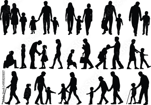Family generations walking, playing, guiding, comforting, bonding silhouette illustration, flat vector
