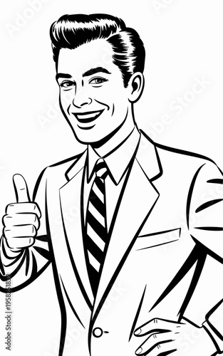 A handsome retro style business man wearing a formal suit and striped necktie smiling while giving an enthusiastic thumbs up gesture as a positive gesture symbol for success and professional approval 