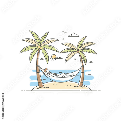 Person relaxing in hammock between palm trees on tropical island.