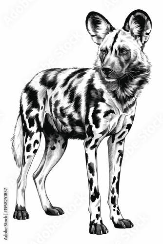 A detailed black and white line art illustration of an African wild dog standing in profile isolated on white background depicting a fierce predator with unique coat patterns for nature conservation d