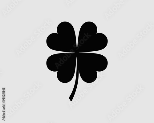 A minimalist black four-leaf clover silhouette icon isolated on a clean light grey background symbolizing good luck fortune prosperity and positive vibes perfect for graphic design branding botanical 