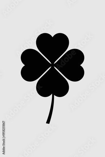 Minimalist four leaf clover icon representation as a symbol of good luck and fortune, featuring a clean black silhouette isolated on a white background, perfect for St Patrick Day designs and Irish th