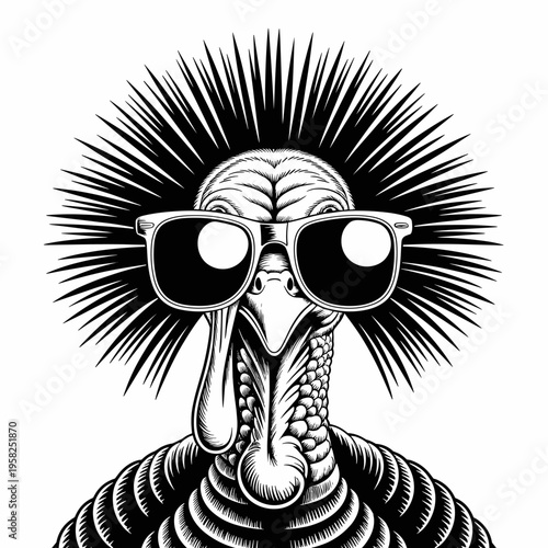 Cool turkey portrait wearing fashionable sunglasses with a funky punk rock spiked mohawk hairstyle in a bold black and white line art vector illustration style for festive holiday graphics and design 