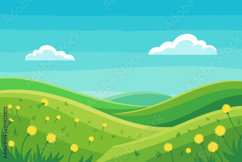 Vibrant cartoon landscape showing rolling green grassy hills with bright dandelion flowers under a sunny blue sky with fluffy white clouds, a peaceful nature meadow background for travel and spring de