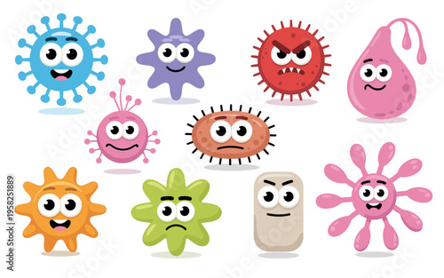 Set of cute colorful cartoon virus and bacteria characters with expressive faces and varied shapes representing microscopic pathogens for medical education, healthcare awareness projects, and science 