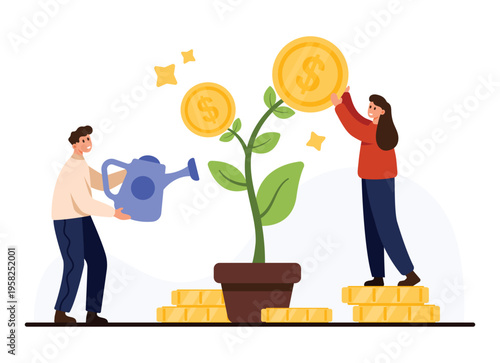 Concept of financial growth with people nurturing a money plant symbolizing investment, savings, and wealth building for future prosperity isolated on white background vector illustration