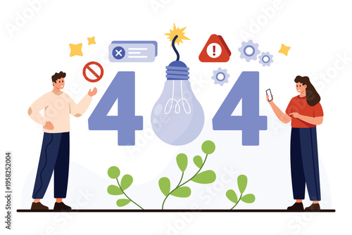 Creative error 404 page not found concept with people, warning icons, broken lightbulb, gears, and digital elements for website or app troubleshooting vector illustration