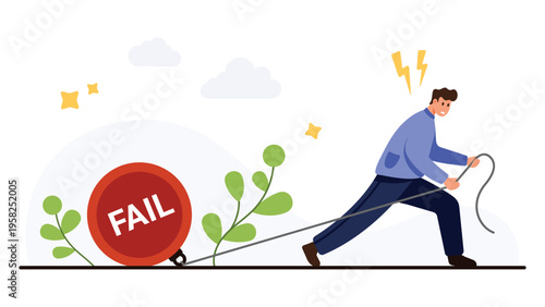 Stressed businessman pulling large red fail ball represents struggle with failure, business challenges, stress, and overcoming obstacles in career isolated on white background vector illustration