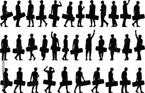 Musician silhouettes walking carrying instrument case gesture motion icons flat vector