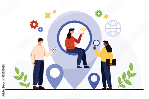 Modern users interact with geotag navigation tools, showing teamwork, location search, and digital connectivity for travel, business, or map services isolated on white background vector illustration