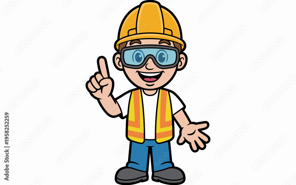 Fototapeta premium Friendly young construction worker wearing a yellow hard hat and protective safety goggles pointing a finger up as an idea gesture, cartoon illustration of a builder in a reflective vest for labor saf