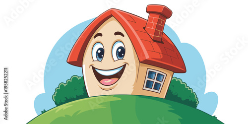 Cute cartoon house character with big smiling expression on a grassy hill, anthropomorphic home mascot for real estate marketing, property sales logo design, friendly building icon for home services b