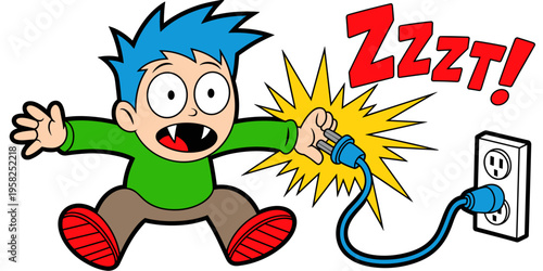 Cartoon boy experiencing an electric shock from a wall outlet power plug, curious child getting zapped by dangerous electrical appliance, household safety hazard illustration for home injury awareness