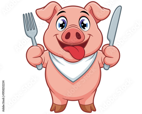 Happy cartoon pig character holding a silver fork and knife ready to eat delicious food wearing a white bib isolated on a white background vector illustration representing culinary enjoyment and appet