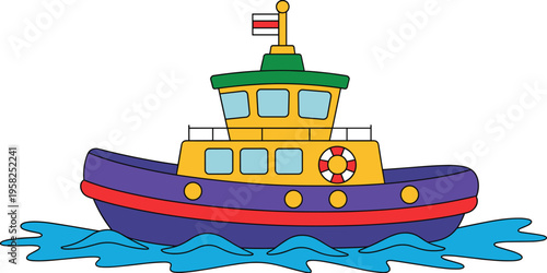 Cute cartoon tugboat icon drifting on blue stylized water waves isolated on white background, a vibrant colorful vessel for children book illustration, vector sea travel graphic for kids web design pr