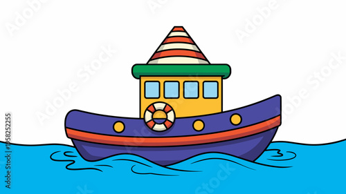 A colorful cartoon fishing boat sailing on blue ocean waves, isolated on white background, featuring nautical icon, happy travel concept, vibrant flat vector illustration for kids education and nurser