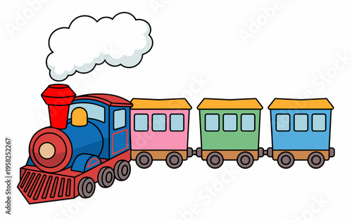 Fun colorful steam train engine with three carriages puffing thick white smoke isolated on white background illustrated childish transport character for education nursery decor playful creative graphi