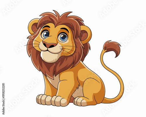 A happy cute baby lion cub sitting in a friendly pose with a fluffy mane and bright blue eyes, illustrated in a charming cartoon style for children book art, nursery wall decor, or educational brandin