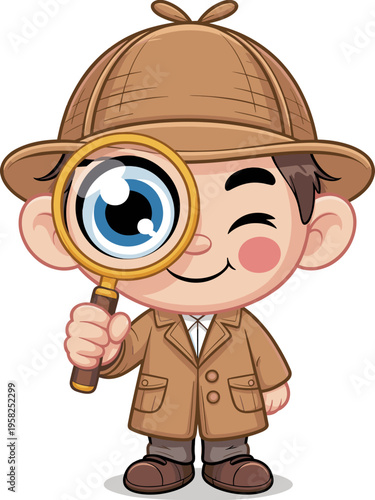 Cute cartoon boy detective wearing a classic brown trench coat and deerstalker hat examining clues with a magnifying glass, playful child investigator character exploring mysteries in a clean vector s