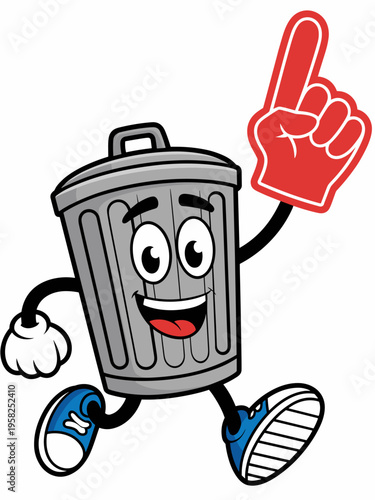 A fun cartoon trash can character wearing a cheering foam finger and sneakers running joyfully isolated on a white background, representing waste management, sanitation services, recycling, and cleanl