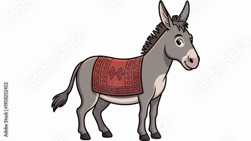 A Friendly Gray Donkey Character Standing Profile Proudly Wearing A Traditional Red Patterned Saddle Blanket Against A Clean White Background Representing Farm Animals Farmhouse Decor Agriculture Vect