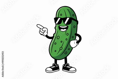Cartoon pickle character wearing black sunglasses pointing with a finger gesture in a friendly cool pose, vibrant green vegetable illustration for healthy snack mascot design concepts on white backgro