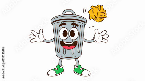 Fun mascot cartoon trash can character jumping with joy as a piece of crumpled paper flies into it illustration representing waste management recycling services eco friendly habits and sanitation conc