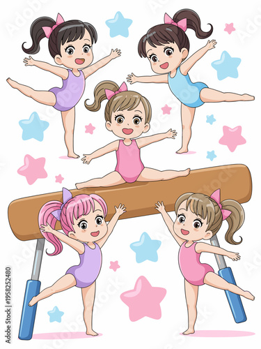 Group of Happy Young Girls Practicing Gymnastics Exercises on Balance Beam Featuring Colorful Stars Cartoon Vector Illustration for Kids Sports Training Programs Physical Education Class Athletic Acti