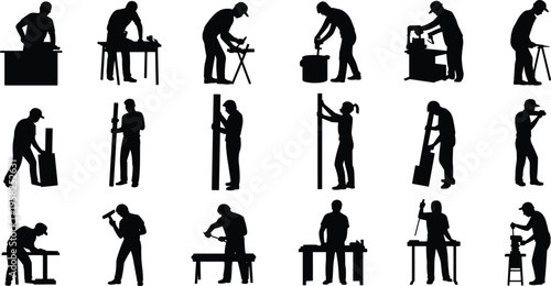 Woodworking carpentry silhouettes people tools sawing hammering drilling icons flat vector
