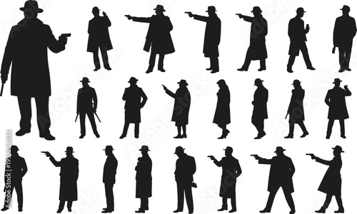Detective silhouettes mystery crime noir trench coat gun icons flat vector