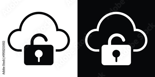 Line art cloud with an open padlock. Represents cloud security access, data decryption, system vulnerability, open source network storage, and digital safety permission levels.