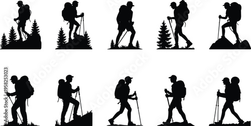 Hiking people silhouettes outdoor adventure backpack trekking nature icons flat vector