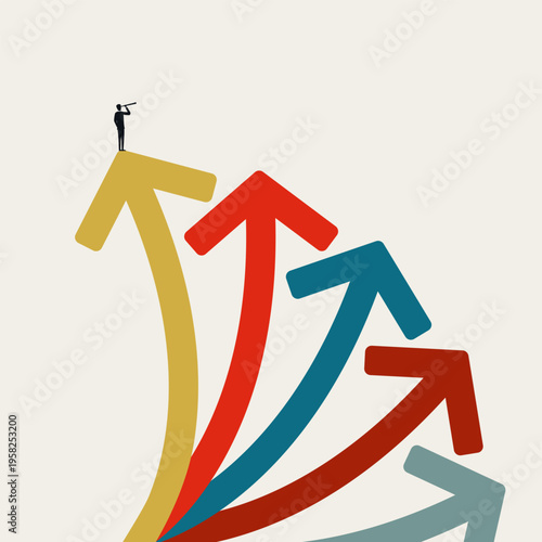 Minimal vector illustration concept: businessman with telescope atop highest arrow, surveying multiple upward paths. Depicts career decision, best choice, growth strategy, vision, leadership direction