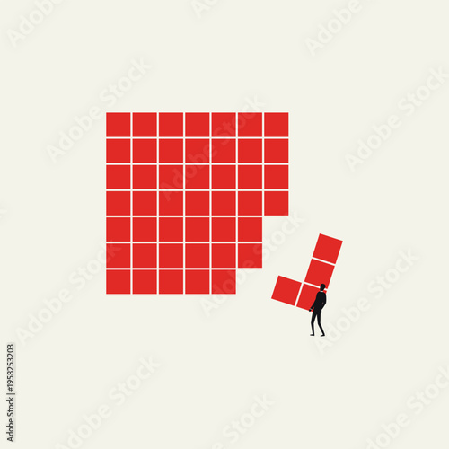 Businessman placing final checkmark piece into puzzle blocks to complete a business solution. Minimal vector illustration concept for corporate achievement and to build success.