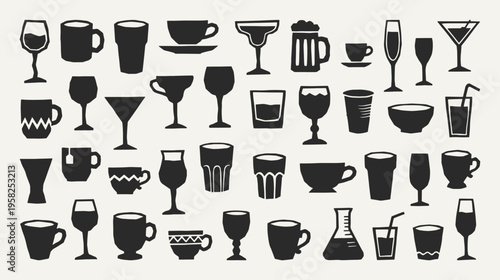 Drinks silhouette collection. Black icons set - coffee cups, wine glasses, beer stein, champagne flute, whiskey tumbler, juice glass, carafe. Vector linocut style minimalist design elements.