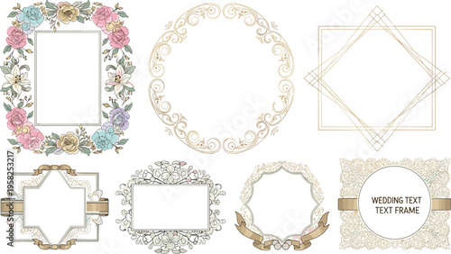 Elegant Wedding Frame Vector Set with Floral Borders, Golden Accents, and Decorative Designs for Invitations, Announcements, and Stationery