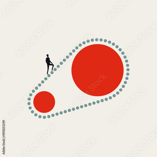Business man climbing a massive gear wheel to drive corporate automation. This minimal vector illustration portrays a think big concept for achieving huge market impact and growth.