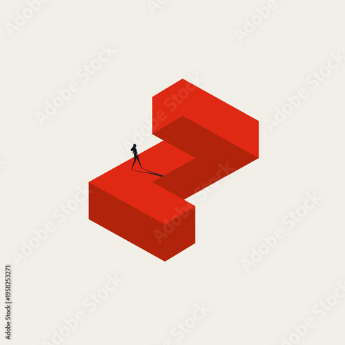 Minimal vector illustration concept: businesswoman walks zigzag red geometric shape path. Depicts challenge, solution, career complication, navigation, problem solving, strategic thinking, obstacle sy