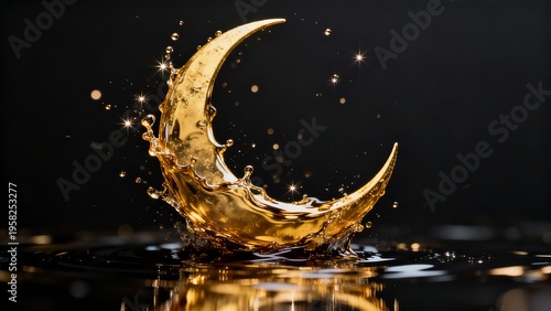 Golden Liquid Crescent Moon Splash with Sparkling Stars for Ramadan Kareem and Eid Mubarak Islamic Holiday Festive Background