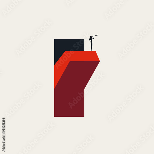 Minimal vector illustration concept: visionary businesswoman with telescope stands atop large red switch shape. Depicts vision, leadership, innovation, breakthrough, startup strategy, woman leader
