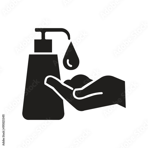 Liquid hand soap icon silhouette illustration Liquid hand soap icon is a visual symbol used to represent cleanliness, health, and the act of washing hands. This icon generally displays a combination o